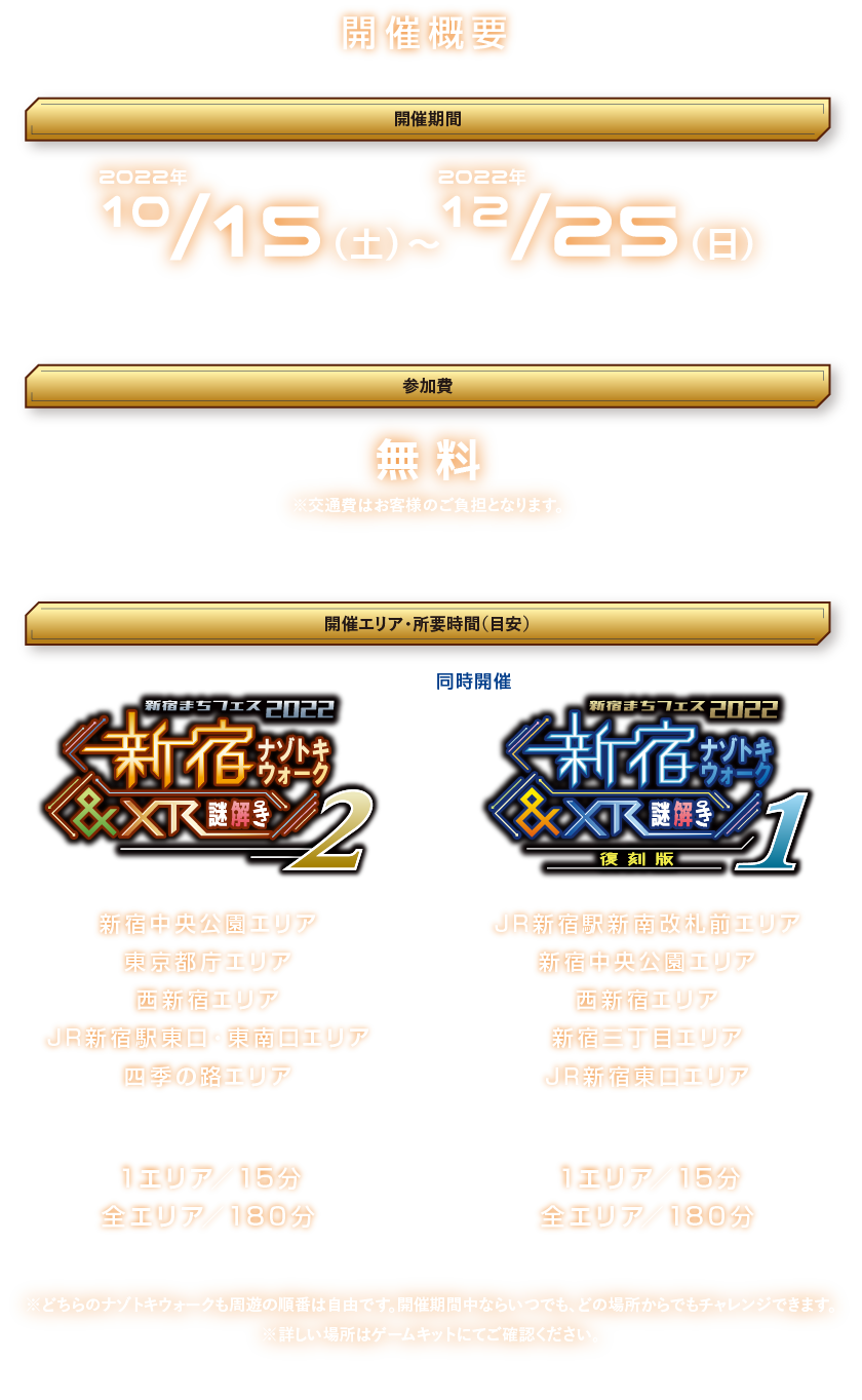 開催概要
開催期間：2022年10月15日(土)～12月25日(日)
参加費：無料
開催エリア：新宿駅周辺の全5スポット
所要時間：1エリア15分　全エリア180分