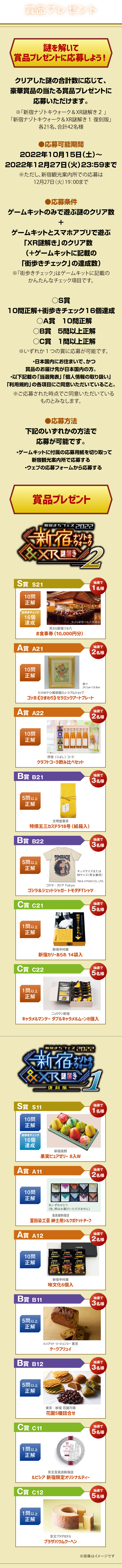 賞品プレゼント
謎を解いて賞品プレゼントに応募しよう！
クリアした謎の合計数に応じて、豪華賞品の当たる賞品プレゼントに応募いただけます。